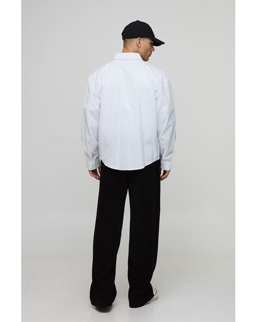 BoohooMAN Oversized Long Sleeve Striped Curved Hem Shirt in White für Herren