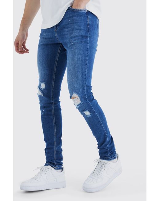 BoohooMAN Blue Tall Skinny Stretch Ripped Knee Paint Splatter Jean for men