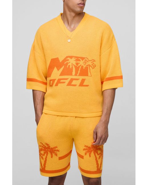BoohooMAN Orange Ofcl Oversized Boxy V Neck Baseball Knitted T-Shirt & Short Set for men