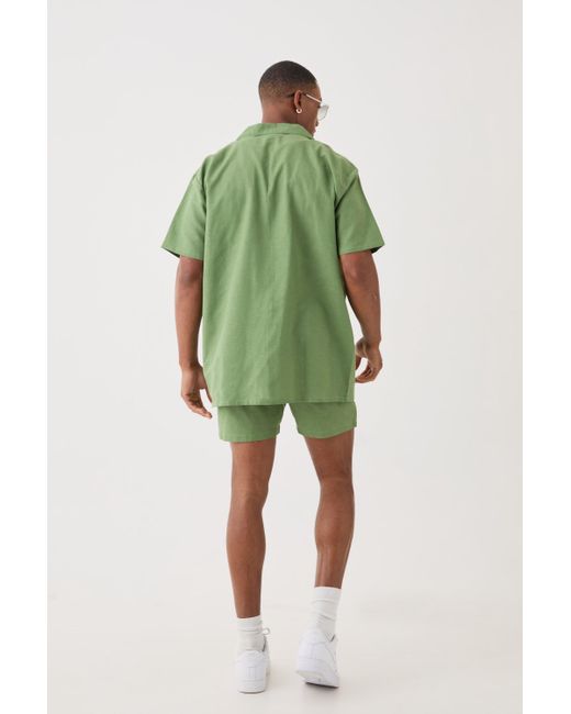 BoohooMAN Short Sleeve Oversized Linen Shirt & Short in Green für Herren