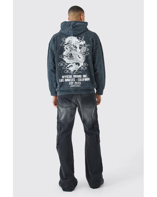 BoohooMAN Blue Oversized Acid Wash Dragon Graphic Hoodie for men