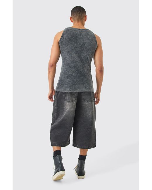 BoohooMAN Gray Muscle Fit Acid Wash Ribbed Vest for men