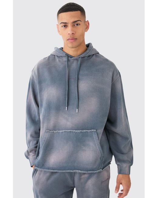 BoohooMAN Blue Embroidery Oversized Sun Bleached Wash Hoodie for men
