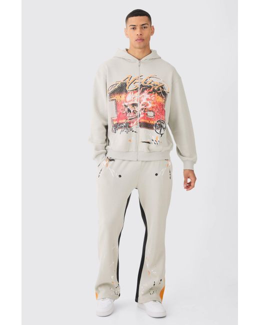 BoohooMAN Gray Oversized Washed Paint Splatter Graphic Zip Thru Tracksuit for men