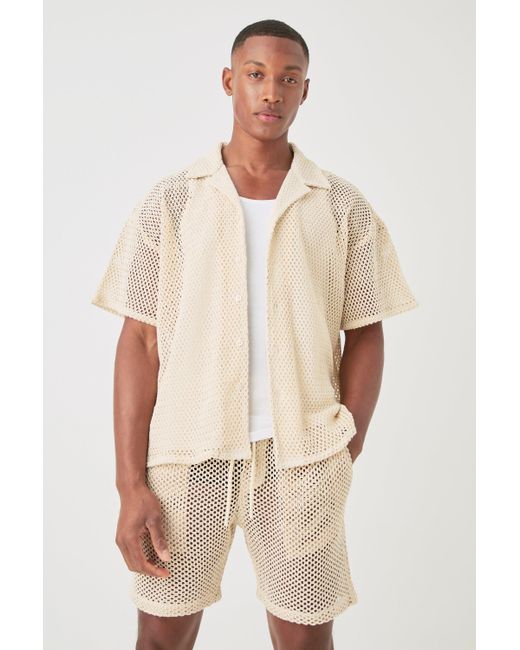 BoohooMAN Natural Boxy Open Stitch Shirt & Short for men