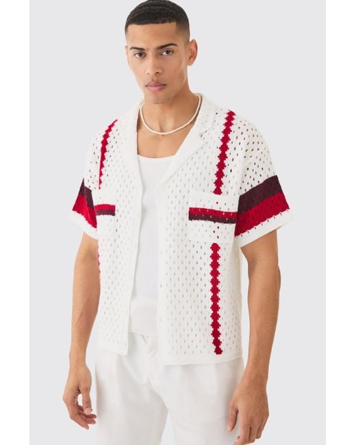 BoohooMAN Oversized Boxy Open Stitch Revere Stripe Shirt In White for men