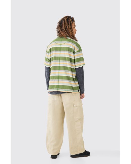 BoohooMAN Green Oversized Carded Heavy Striped Ofcl T-shirt for men