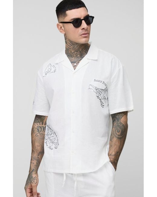Boohoo White Tall Regular Fit Placement Print Linen Look Revere Shirt