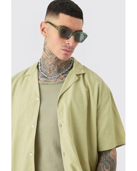 BoohooMAN Green Tall Oversized Linen Drop Revere Shirt & Short Set In Sage for men