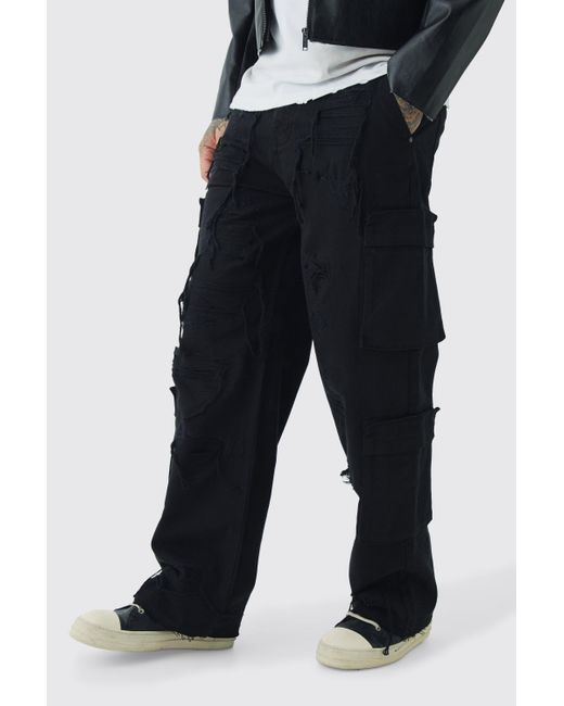 BoohooMAN Black Tall Relaxed Fit Distressed Cargo Pants for men