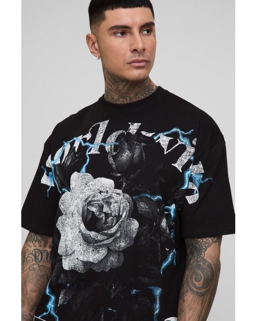 BoohooMAN Black Tall Oversized Worldwide Floral Over The Seam Print T-Shirt for men