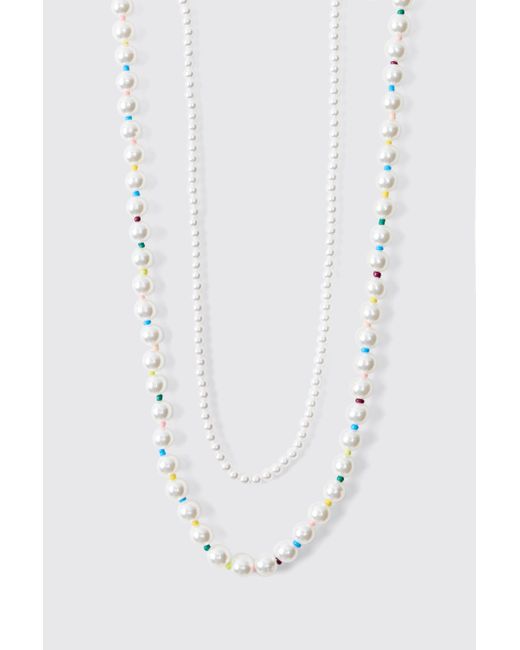 BoohooMAN White Layered Pearl Chain for men