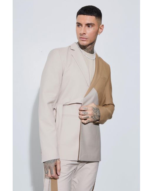 BoohooMAN White Tall Skinny Fit Colour Block Wrap Front Blazer for men