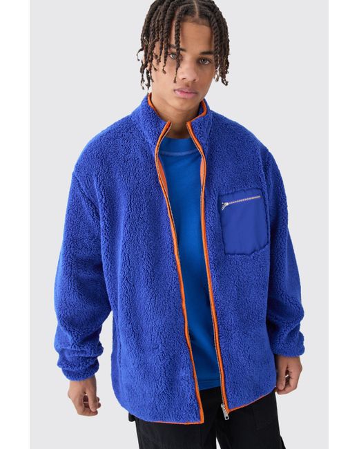BoohooMAN Blue Oversized Contrast Borg Jacket for men
