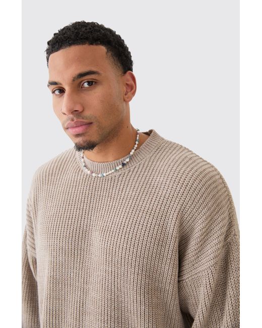 BoohooMAN Natural Boxy Crew Neck Ribbed Knitted Jumper for men