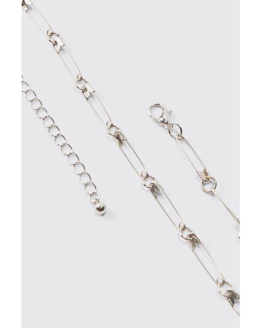 Boohoo White Safety Pin Chain Necklace In Silver