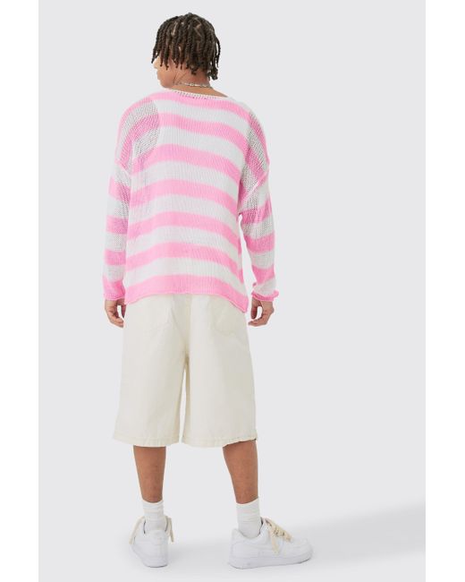 Boohoo Oversized Boxy Open Knit Stripe Sweater In Pink