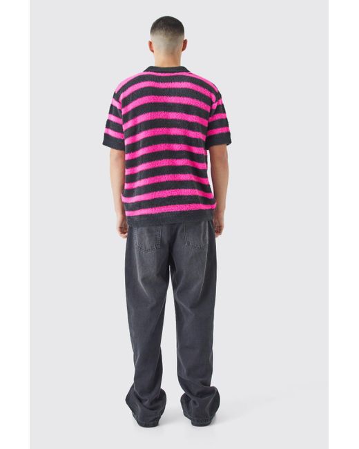 BoohooMAN Red Oversized Fluffy Stripe Knitted Polo for men