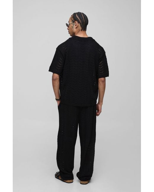BoohooMAN Black Boxy V Neck Relaxed Texture Knitted Pants And Polo Set for men
