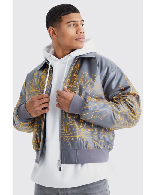 BoohooMAN Gray Boxy Pu Scenic Embroidery Bomber Jacket for men