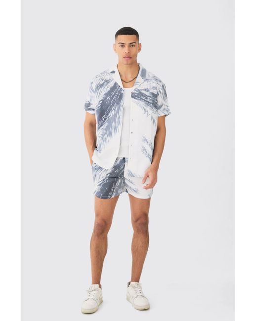 BoohooMAN Blue Oversized Satin Branch Print Shirt And Short for men