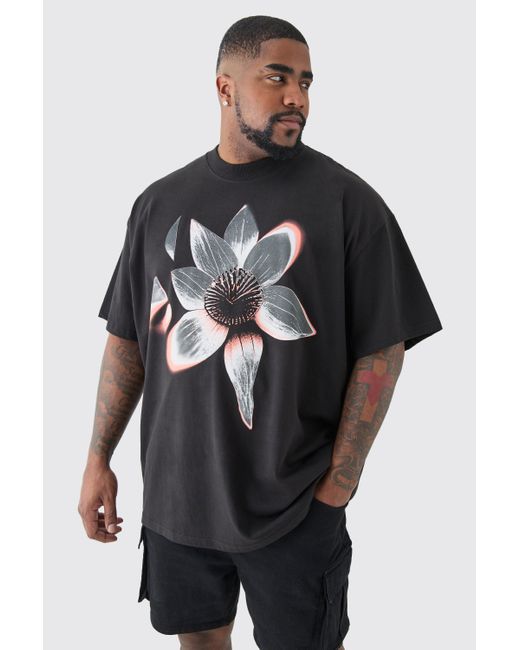 BoohooMAN Plus Oversized Extended Neck Abstract Floral Print T-shirt in Black für Herren
