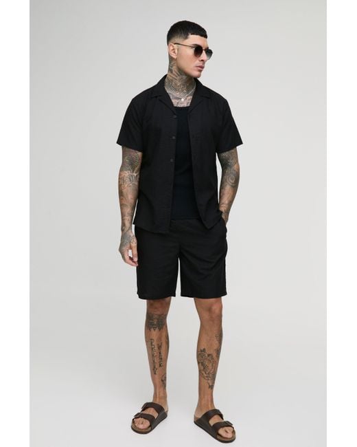 BoohooMAN Black Tall Regular Linen Shirt & Short Set for men
