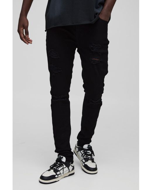 BoohooMAN Black Skinny Stacked Distressed Ripped Jeans for men