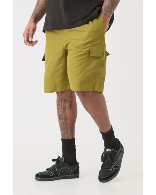 BoohooMAN Plus Elasticated Waist Relaxed Linen Cargo Shorts In Khaki in Green für Herren