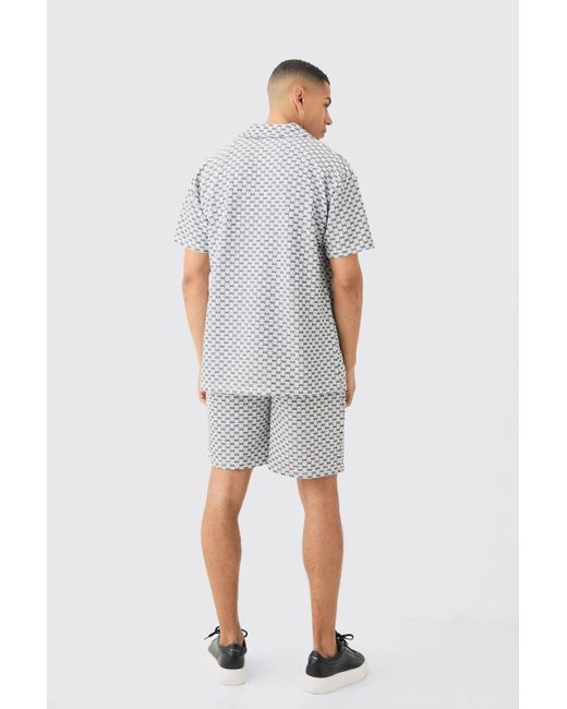BoohooMAN White Oversized Revere Geo Jacquard Shirt & Short Set for men