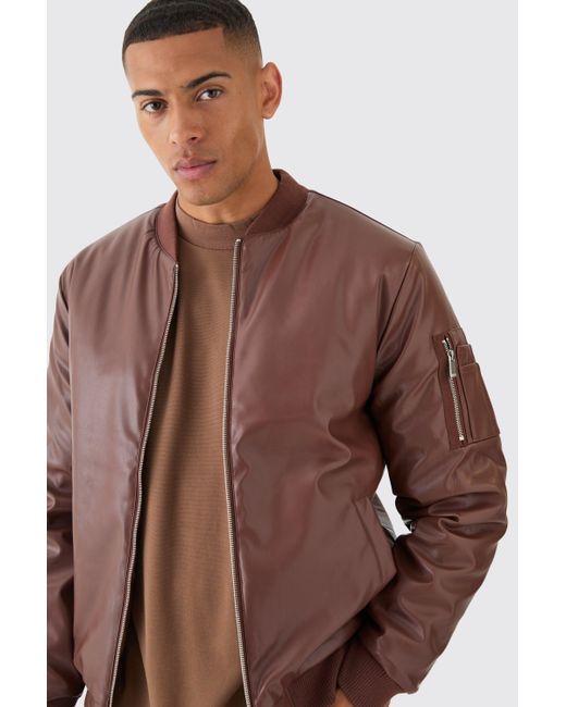 BoohooMAN Brown Padded Pu Ma1 Bomber Jacket for men