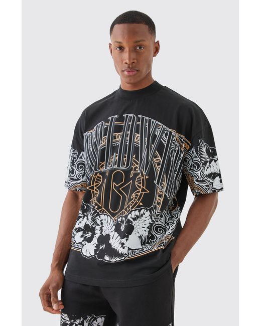 BoohooMAN Black Oversized Extended Neck Worldwide Large Graphic T-shirt for men