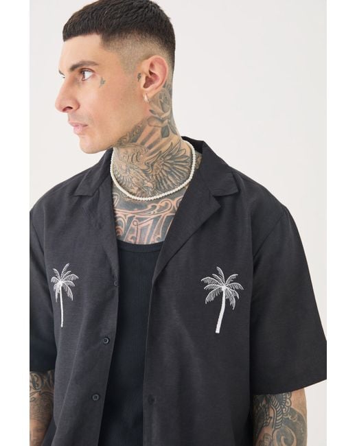 BoohooMAN Tall Linen Embroidered Drop Revere Shirt In Black for men