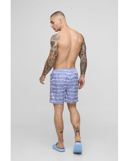 BoohooMAN Blue Pattern Printed Mid Length Swim Trunks for men