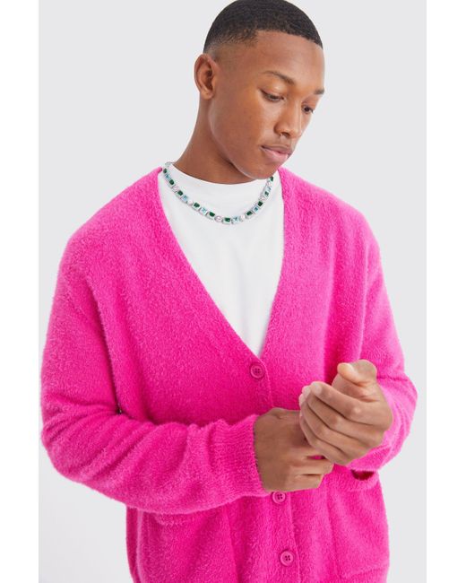 BoohooMAN Pink Boxy Fluffy Knitted Cardigan for men