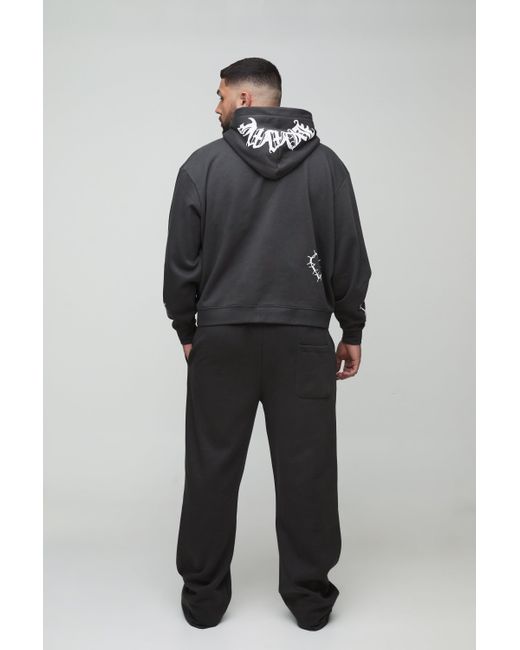 BoohooMAN Black Plus Oversized Boxy Zip Heart Print Zip Hooded Double Waistband Tracksuit for men