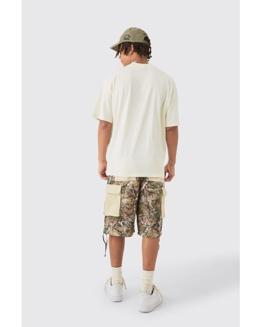 BoohooMAN Natural Contrast Panel Forest Camo Jorts for men