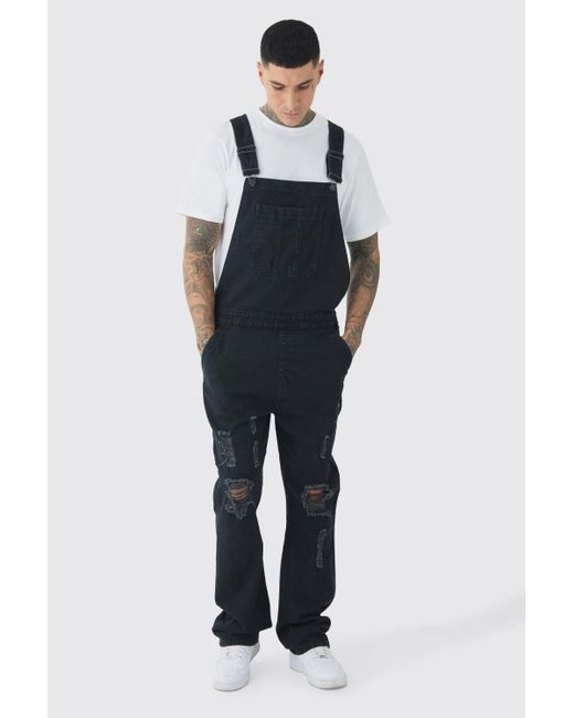 BoohooMAN Blue Tall Straight Leg Distressed Dungaree for men