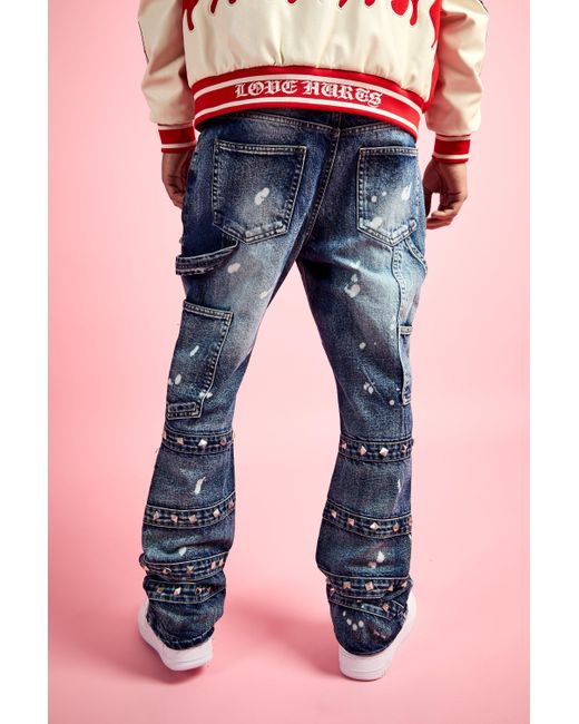 Slim Rigid Flare Embellished Strap Detail Jeans Boohoo de color Blue