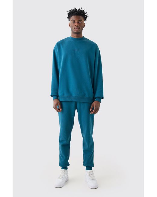 BoohooMAN Blue Offcl Oversized Extended Neck Sweatshirt Tracksuit for men