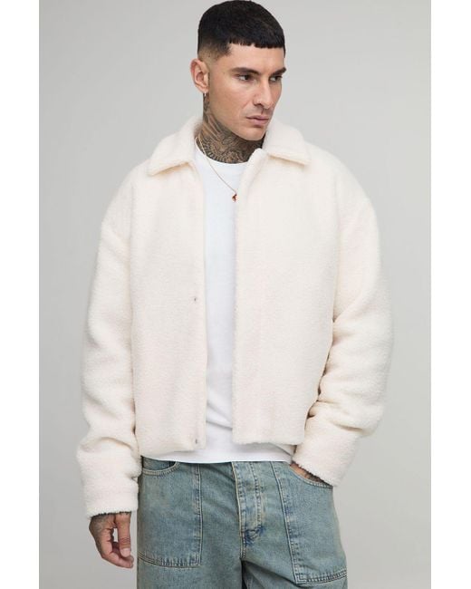 BoohooMAN Men's White Tall Borg Oversized Zip Through Harrington