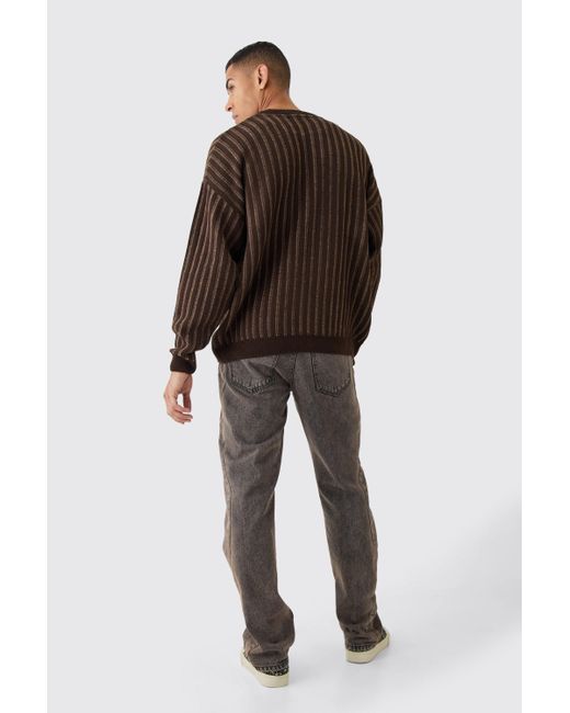 BoohooMAN Brown Oversized Crew Neck Two Tone Rib Knitted Jumper for men