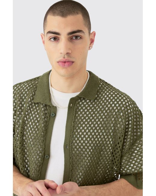 BoohooMAN Green Oversized Boxy Fit Crochet Shirt In Khaki for men