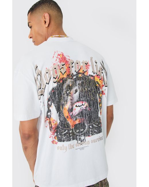 BoohooMAN White Oversized Distressed Dog Graphic Heavyweight T-shirt for men