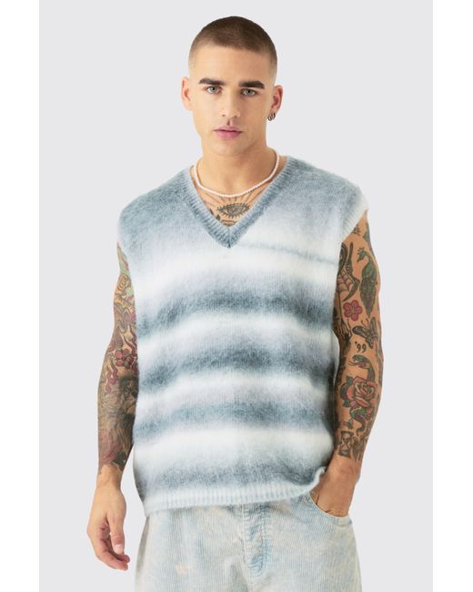 BoohooMAN Blue Regular Knitted Brushed Stripe V Neck Tank In Teal for men