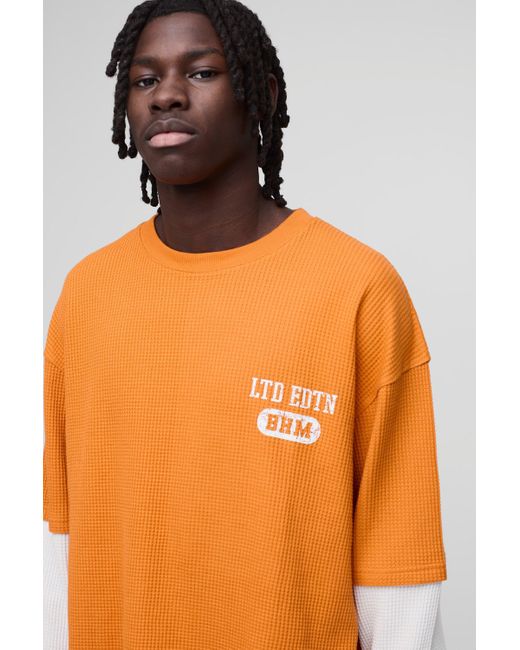 BoohooMAN Orange Oversized Faux Sleeve Waffle Print T-Shirt for men