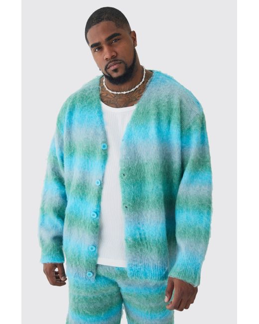 BoohooMAN Blue Plus Boxy Fit Knitted Brushed Stripe Cardigan for men