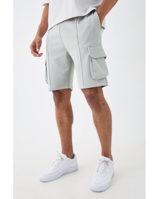 BoohooMAN Gray Slim Fit Interlock Pintuck Detail Cargo Shorts for men