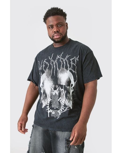 BoohooMAN Plus Distressed Oversized Acid Wash Gothic Print T-shirt in Gray für Herren