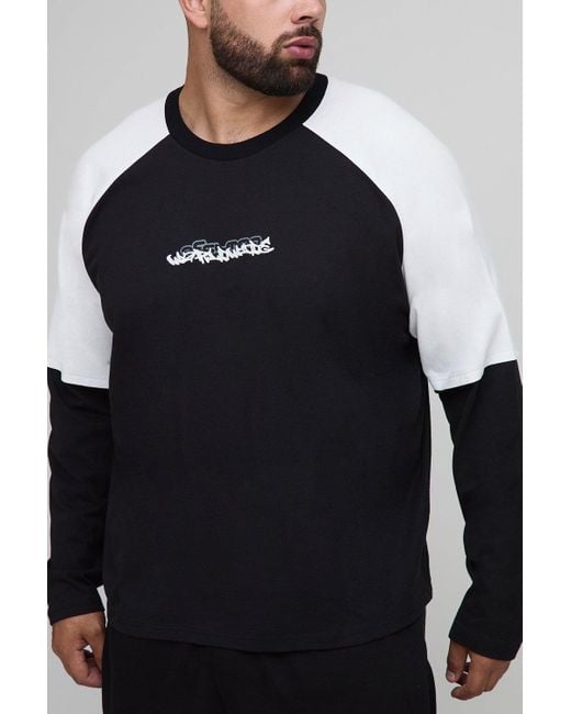 BoohooMAN Blue Plus Oversized Boxy Faux Layer Embroidered Graphic Raglan T-Shirt for men